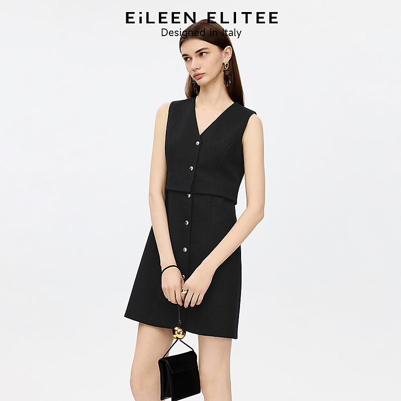 朗姿欧洲EiLEEN ELITEE2025年夏秋款拼接无袖V领收腰短款连衣裙子