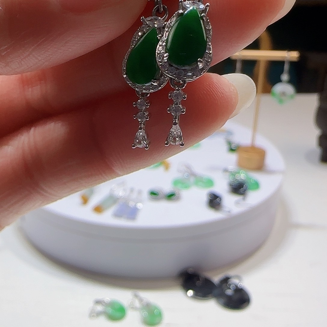 翡翠耳饰银S925镶嵌天然缅甸a货翡翠