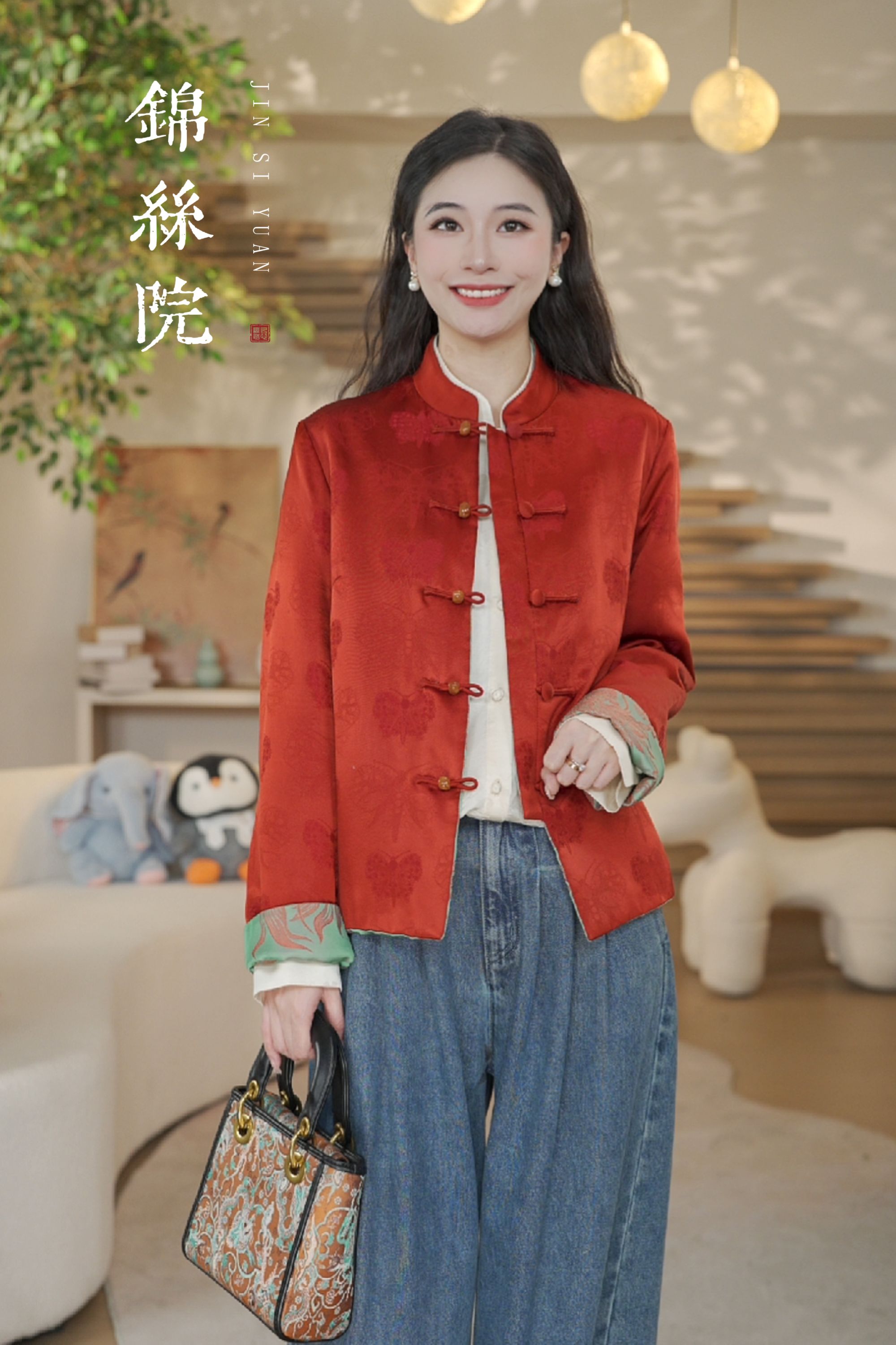 锦丝院【满江红】双面穿棉服轻奢红色时尚提花外套WTD67180250