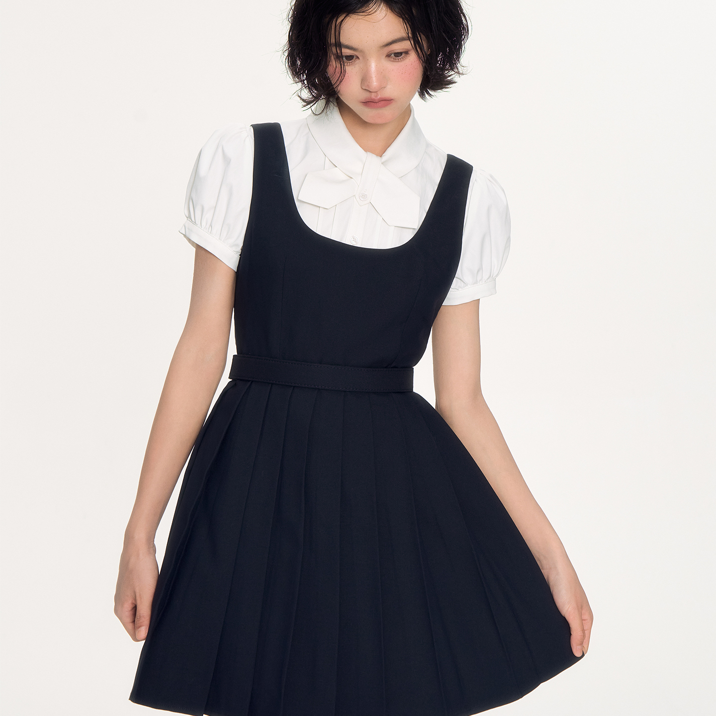 NECY U领百褶连衣裙夏季学院风甜美可爱背带裙收腰显瘦无