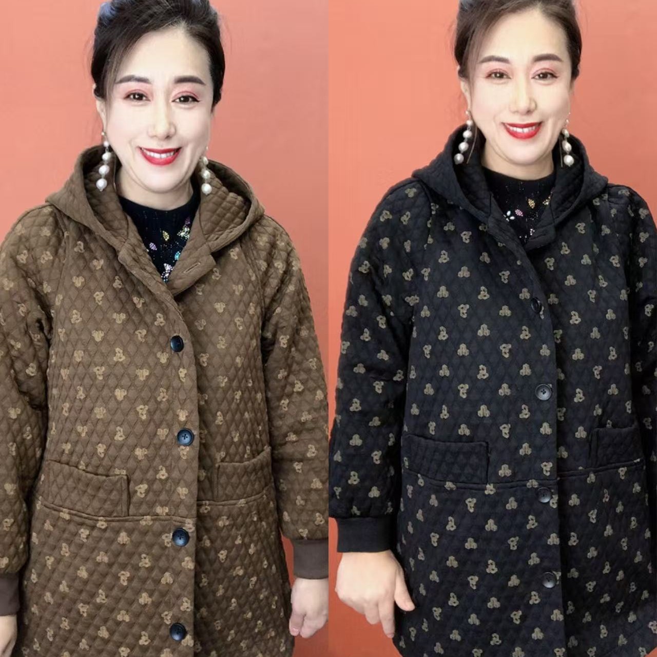 许中老年妈妈春秋中长款连帽宽松休闲有里衬印花外套