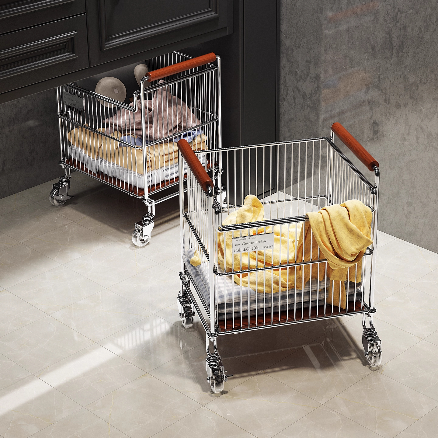 家用浴室复古元素置物架轻奢风复古风小推车日式脏衣篮