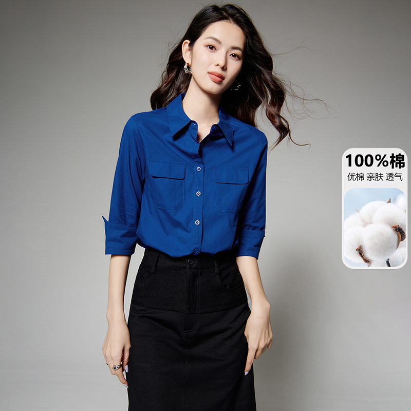晚白【新品】2025夏显白衬衫减龄克莱因蓝翻领中袖衬衫女25060906