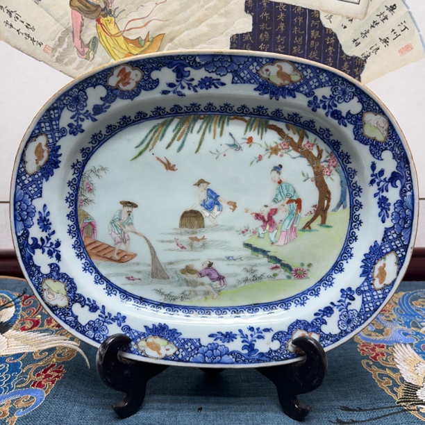 清乾隆精品渔家乐细路人物盘1，30厘米，明清瓷器，KC20250108007