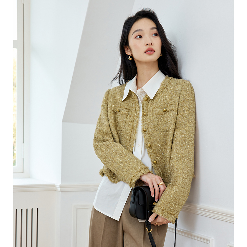 *小香风羊毛混纺针织开衫新款女装亮丝圆领毛衣外套M8602