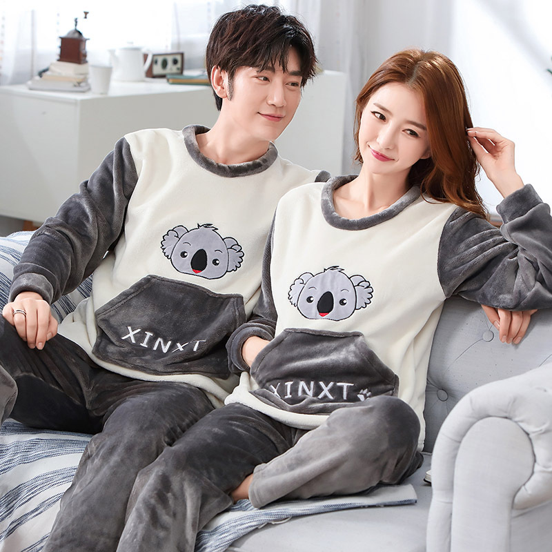 情侣睡衣女秋冬款珊瑚绒可爱卡通加厚加绒法兰绒冬季男家居服套装