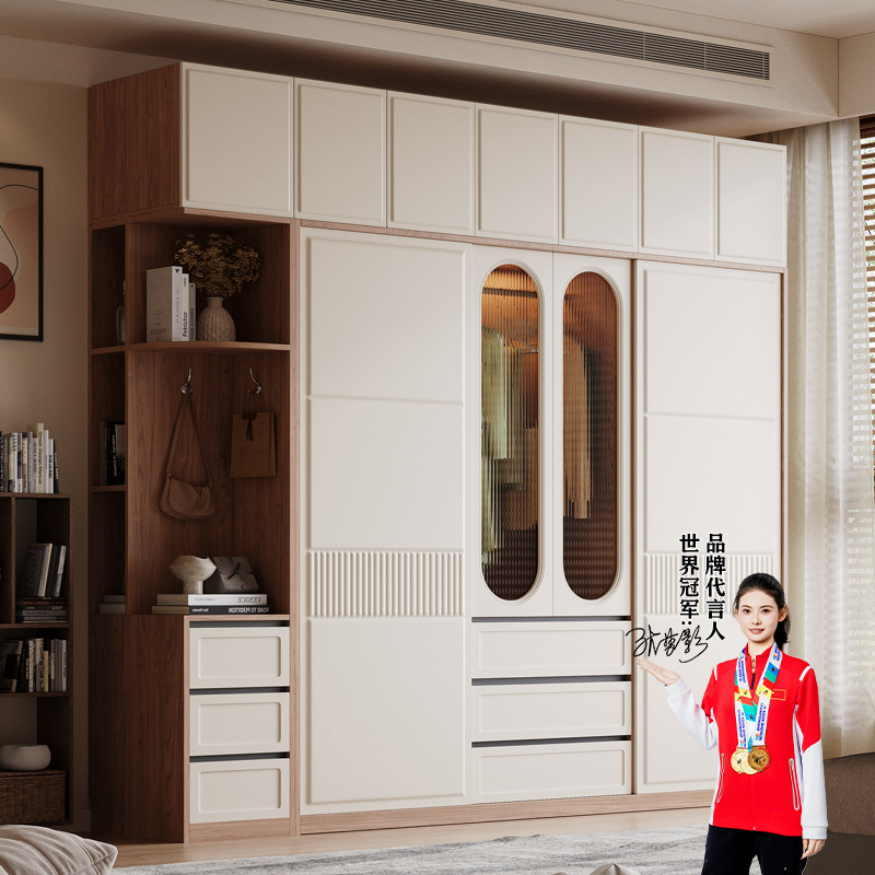 法式推拉门衣柜移滑趟门卧室经济型柜子中古风现代简约家用大衣橱