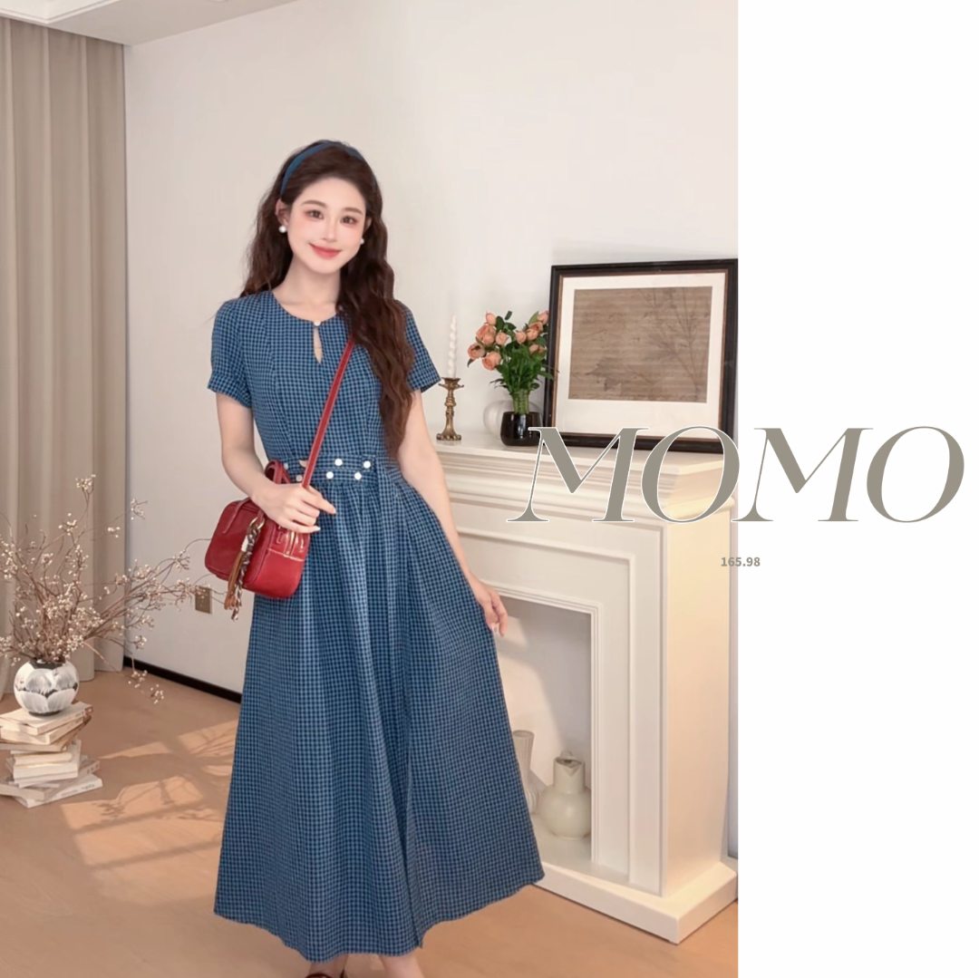 【同款+运补5米】蓝色格纹衬衫连衣裙子女夏季长裙3985