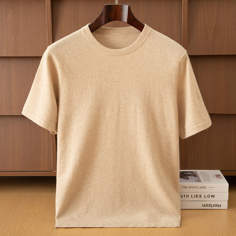 福利款100%山羊绒14针双股48支男士打底纯山羊绒轻薄短袖圆领针织