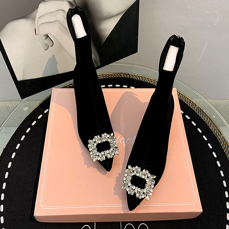 尖头细高跟法式小短靴女2025秋冬新款加绒水钻方扣弹力瘦瘦袜子靴