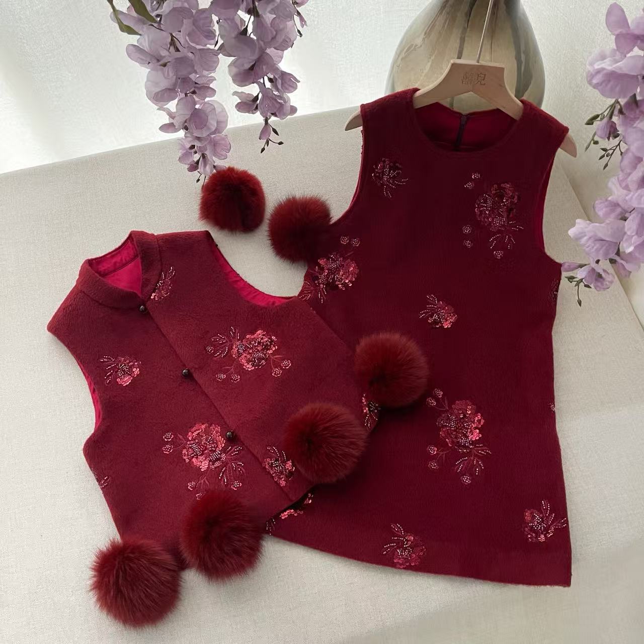 【喜儿定制】冬季新款新中式国风刺绣马甲背心裙红色呢料年款亲子装