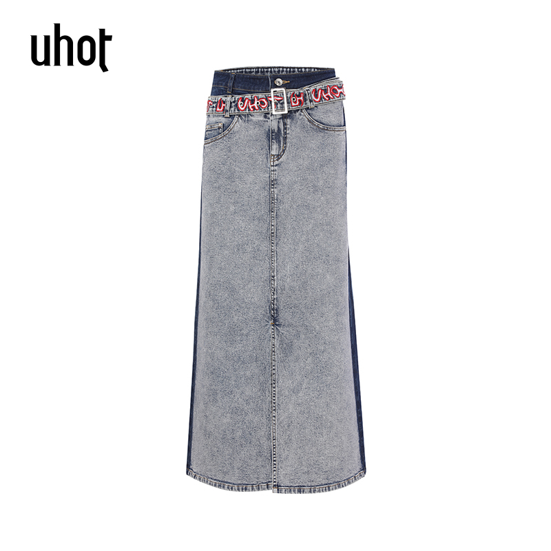 uhot 蓝色撞色字母绣花双腰头设计复古牛仔半裙 配：腰带UWFR2Q188