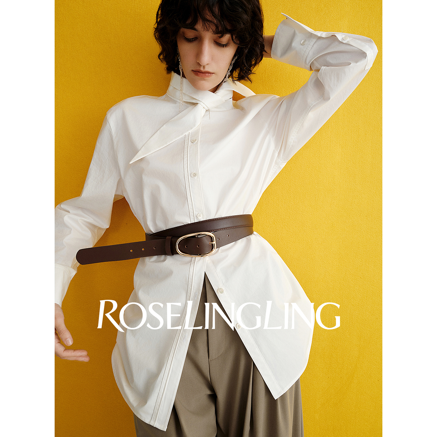 ROSELINGLING小众设计感单全棉平纹料剪刀领系带廓形收腰两穿衬衫