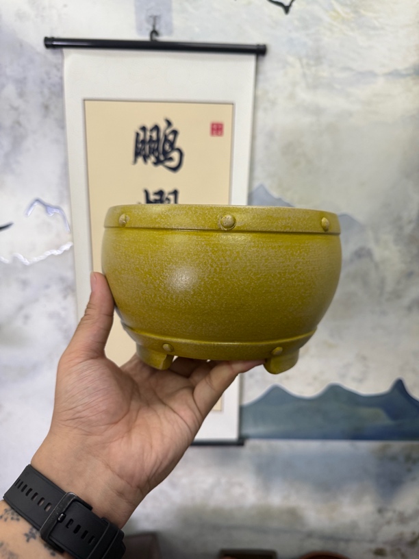 宜兴紫砂花盆内经15.5x9.5cm段泥手拍古钉花盆圆形光器盆景盆