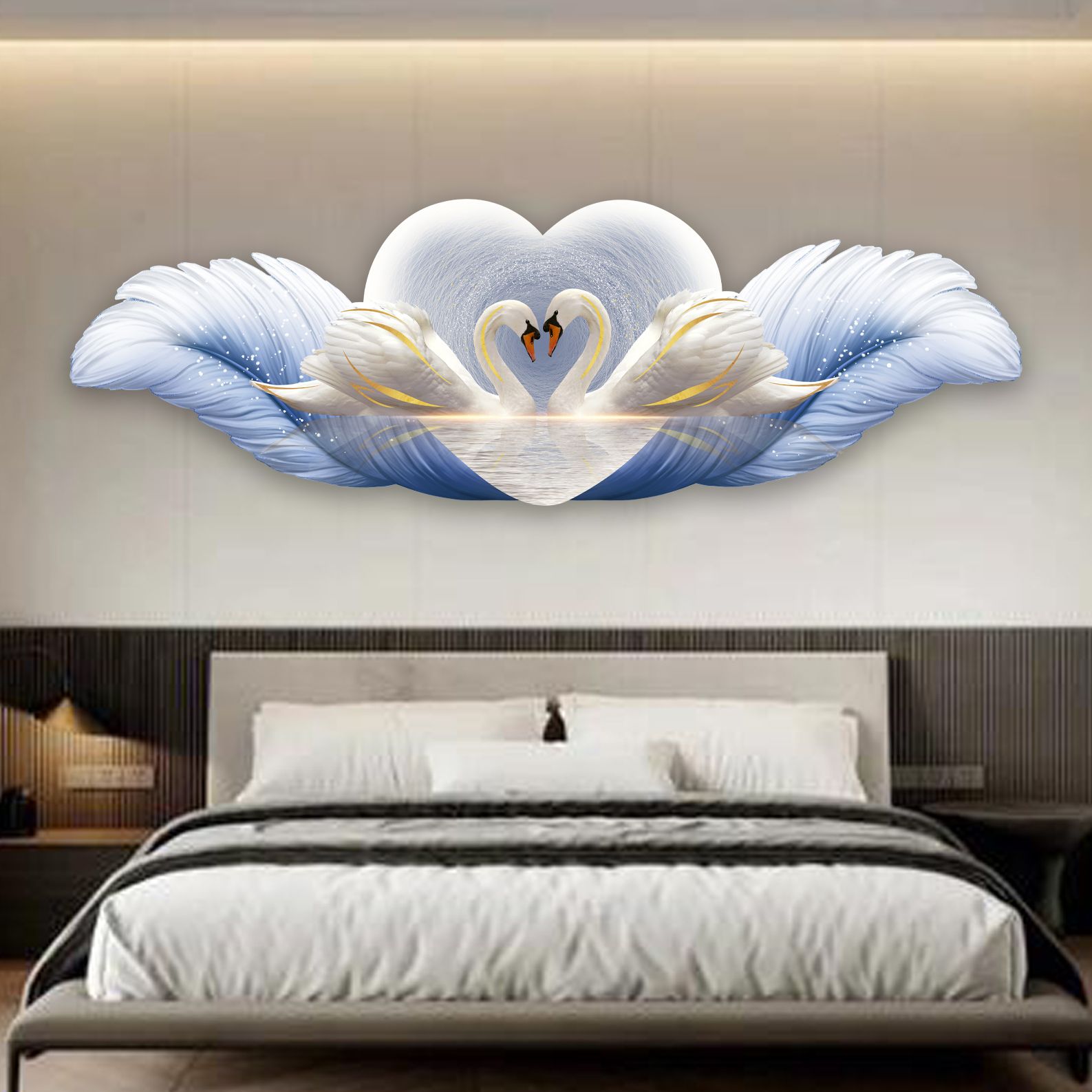 U031现代轻奢床头装饰画天鹅卧室轻奢高级感羽毛客厅背景装饰画