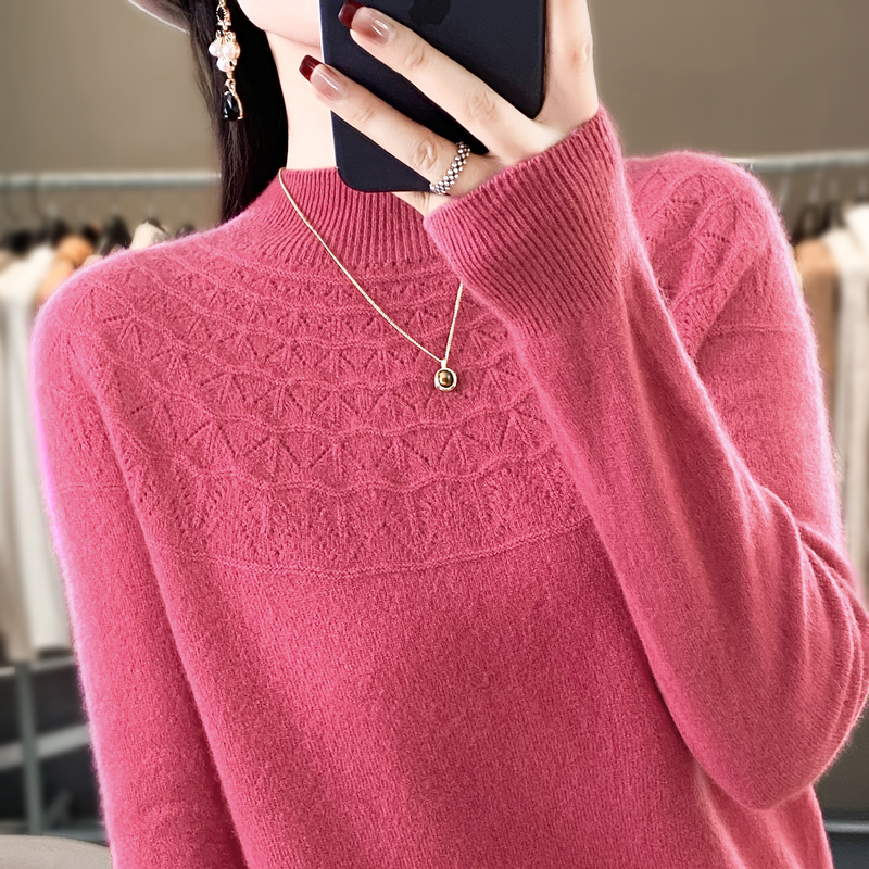 半高领镂空衫抗起球针织衫女士毛衣内搭