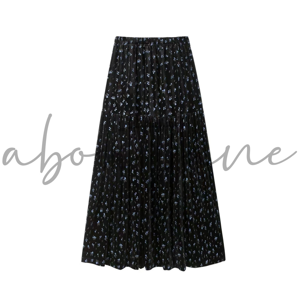 糕糕  【尤加利叶】黑色高腰木耳边丝绒碎花裙BQ085630