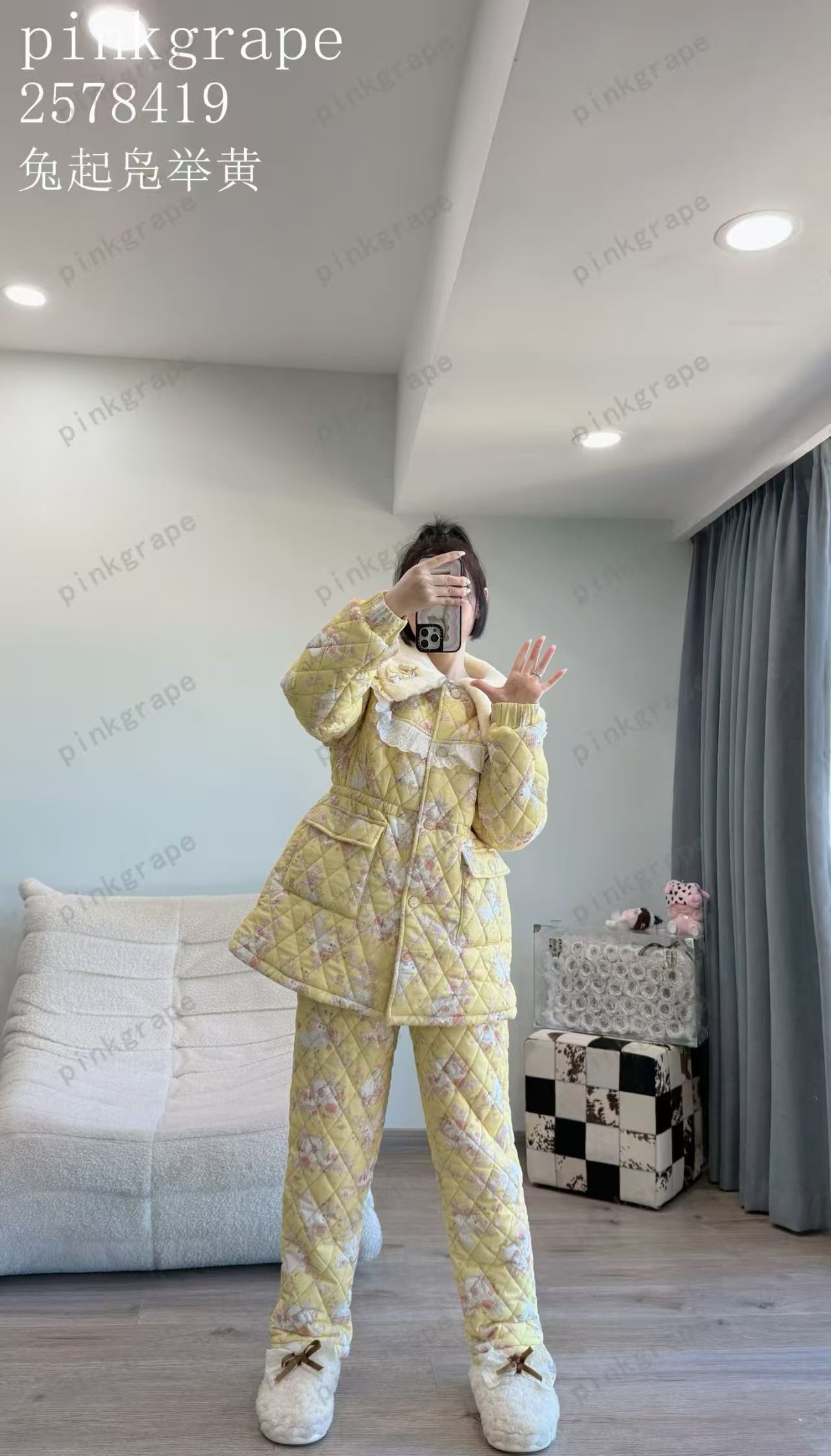 pinkgrape冬季可外穿加厚保暖三层夹棉家居睡衣套装2578419