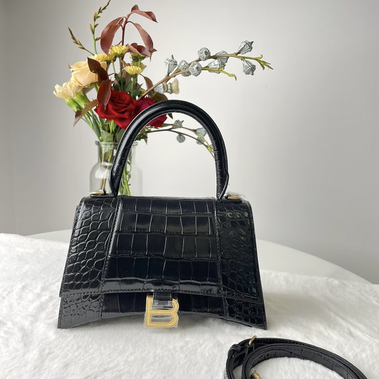 95新 Balenciaga/巴黎世家 青奢荟/黑金压鳄纹沙漏s/89929