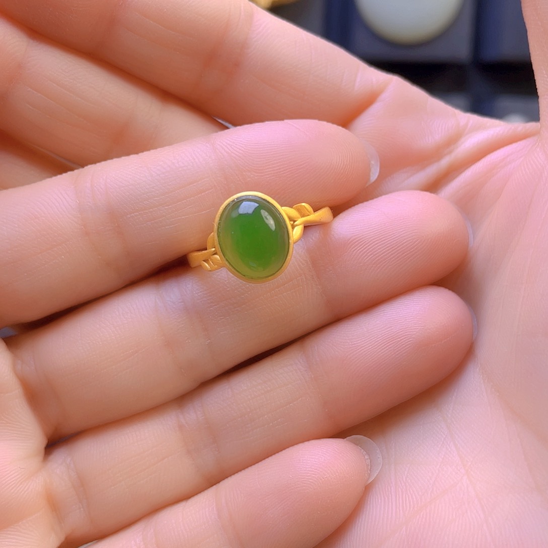 和田玉戒指银S925镀金镶嵌