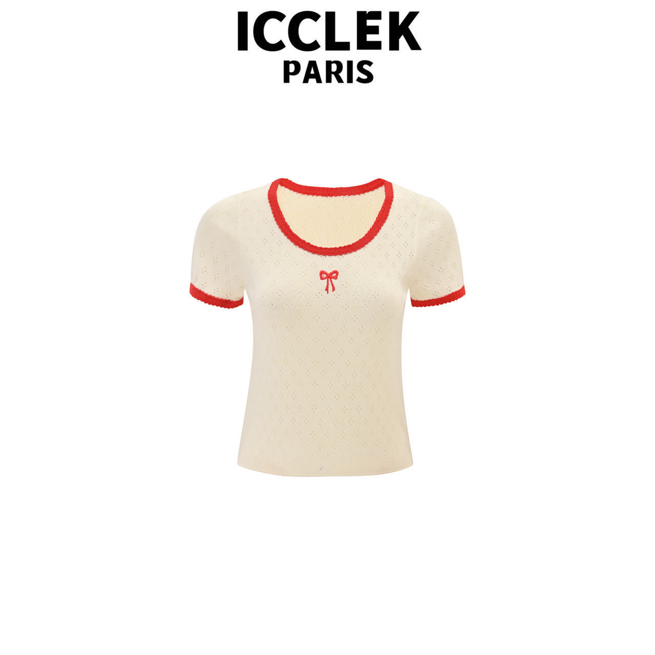 ICCLEK 杏色圆领撞色短袖针织衫夏季休闲百搭减龄气质名 媛 -5570