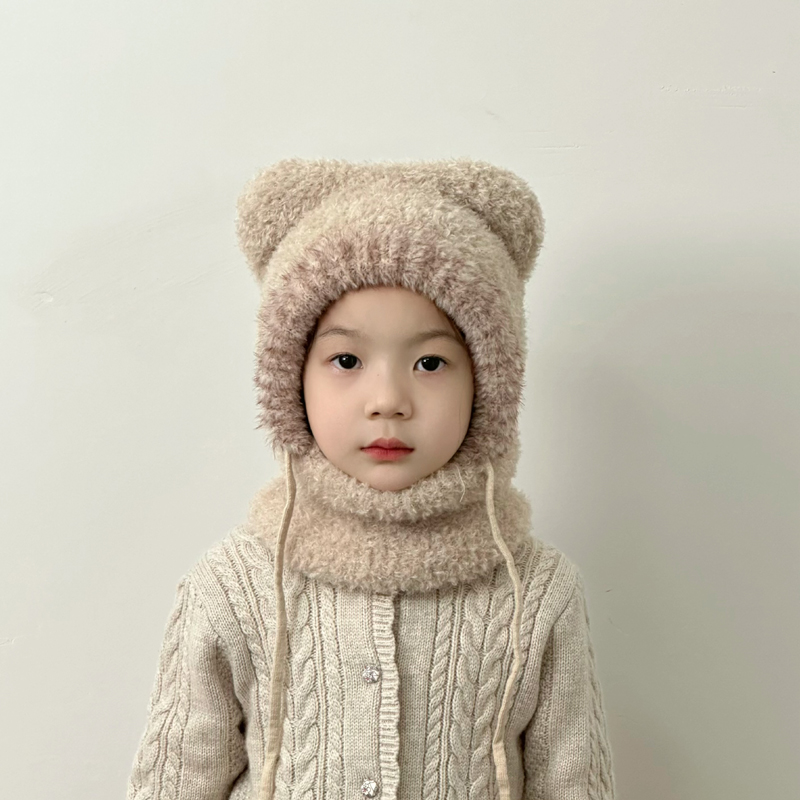 冬季加厚保暖儿童帽子围脖一体帽男女童户外针织毛绒帽宝宝防寒帽
