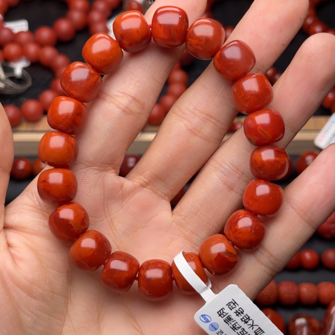 钢***蛋南红玛瑙未镶嵌手串H11mm收藏满肉牛血火焰老型手串