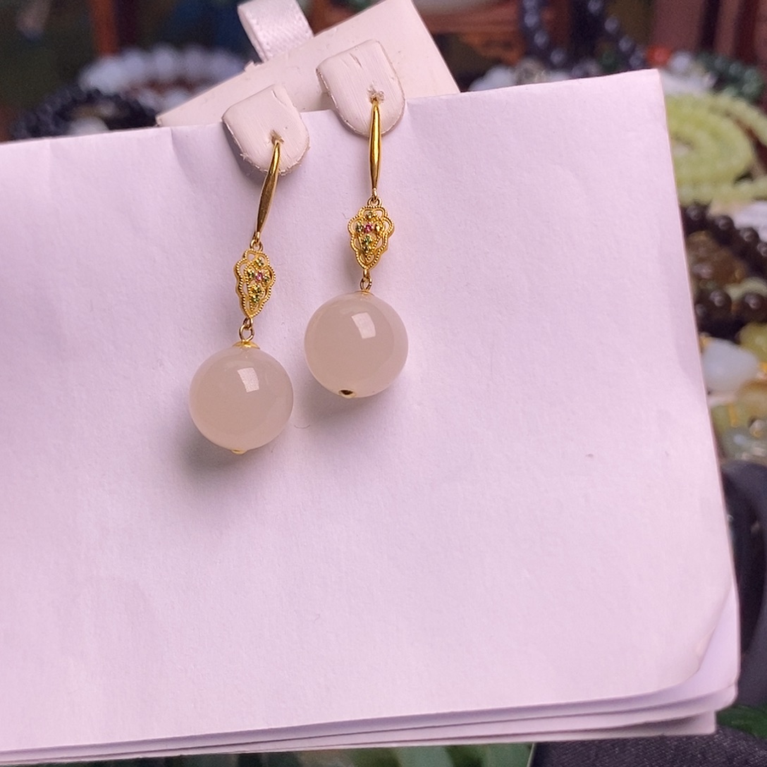 和田玉未镶嵌颈饰浓藕粉金镶耳坠12mm