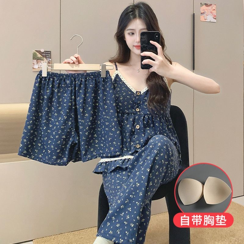 星空繁花三件套云朵棉女小碎花带胸垫吊带短裤长裤睡衣家居服套装