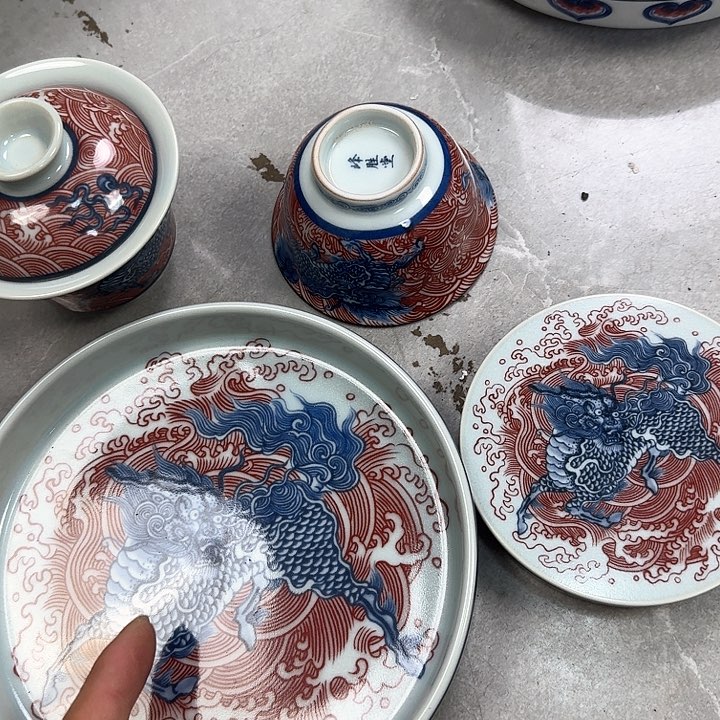 瓷片釉里红麒麟踏浪4件套景德镇