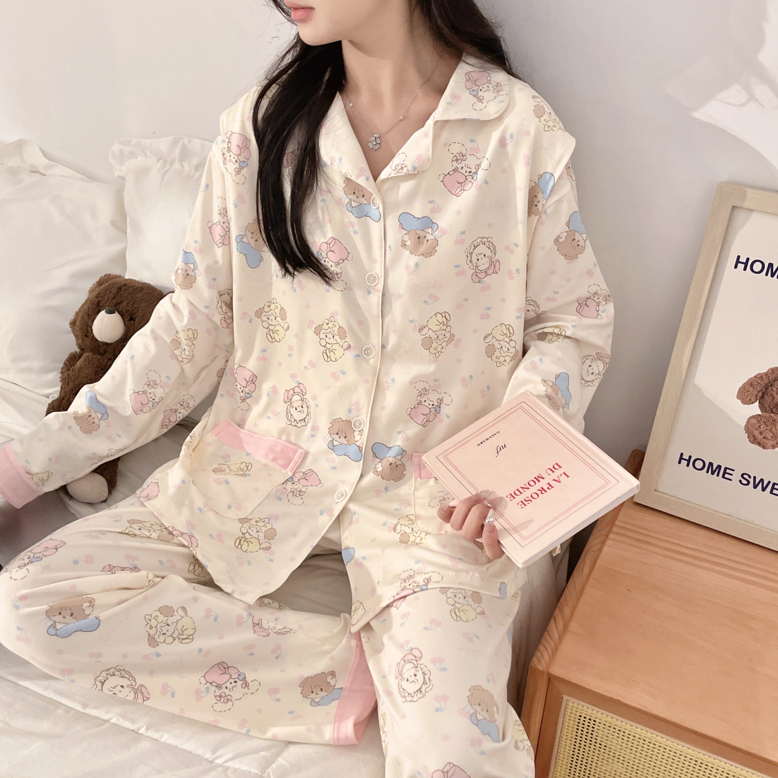 春秋带胸垫云感棉月子服孕妇产后家居服哺乳孕期长袖睡衣