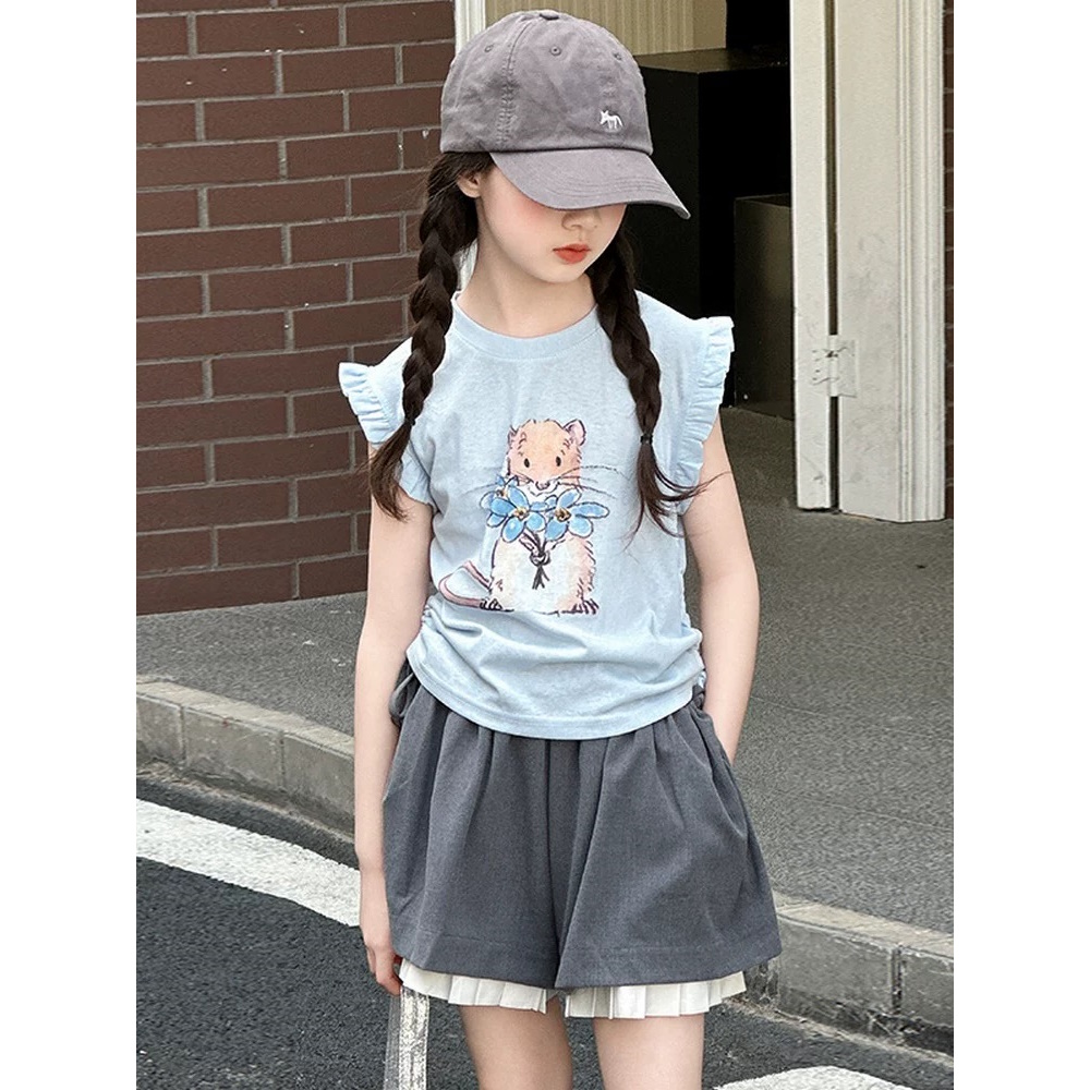 2025夏韩版卡通仓鼠小飞袖抽褶背心(95%棉) D600 600 M