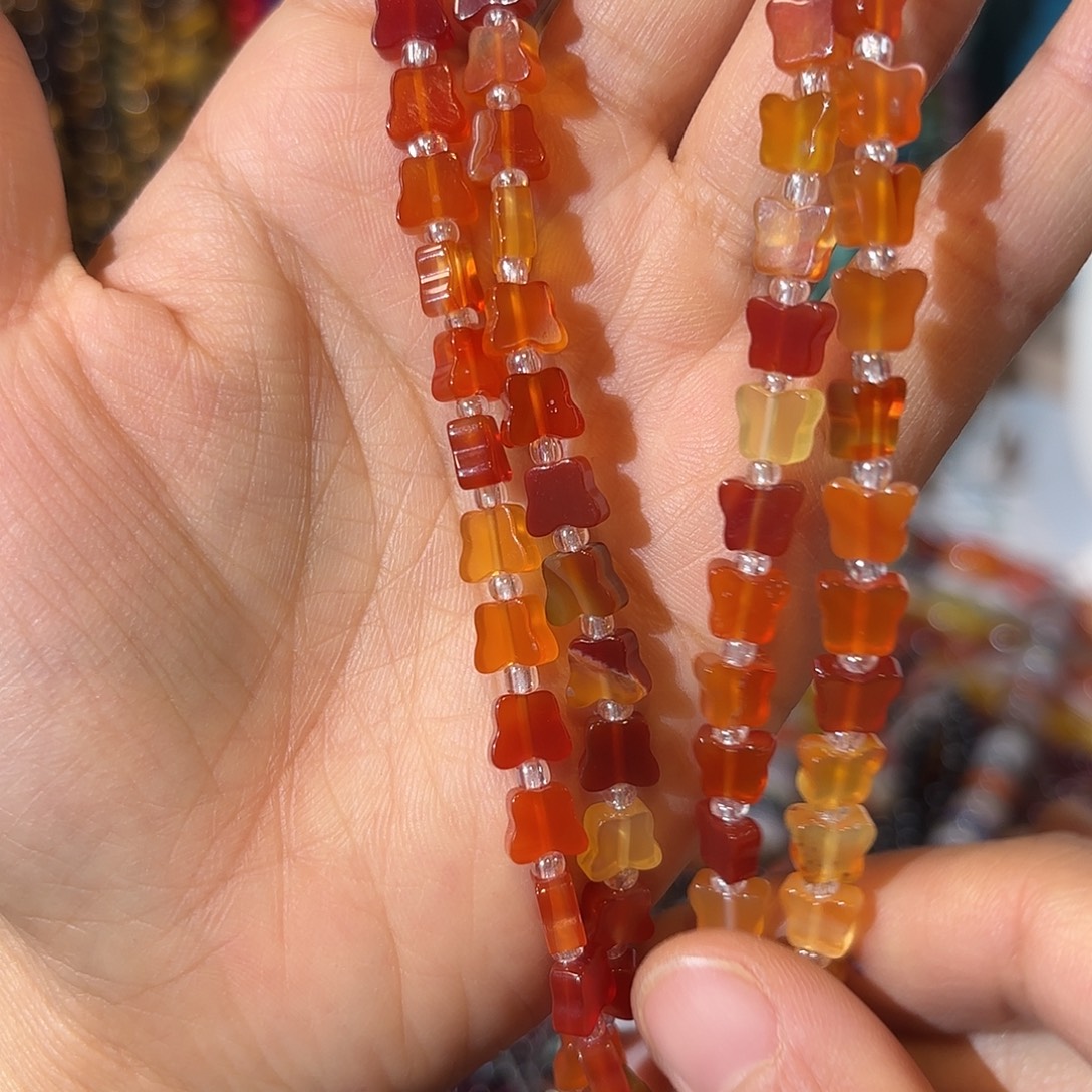 玛瑙/玉髓银S925镀金镶嵌珠宝半成品红玛瑙蝴蝶6/7一条