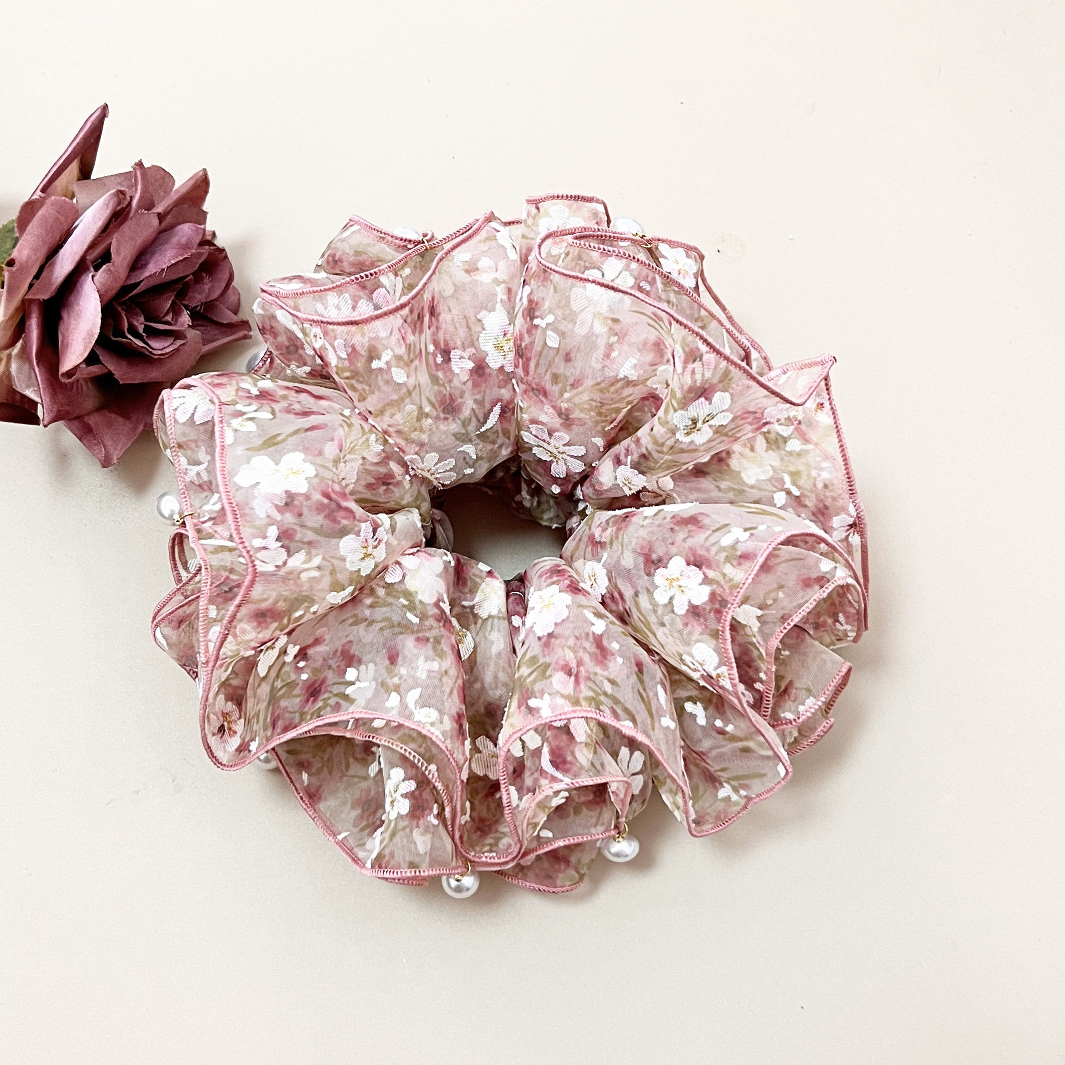 布艺发饰 多层烧花蔷薇色大肠发圈