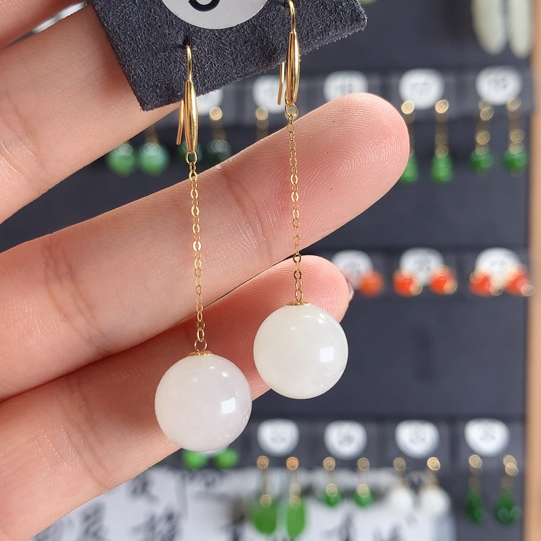 和田玉耳饰18K金镶嵌91