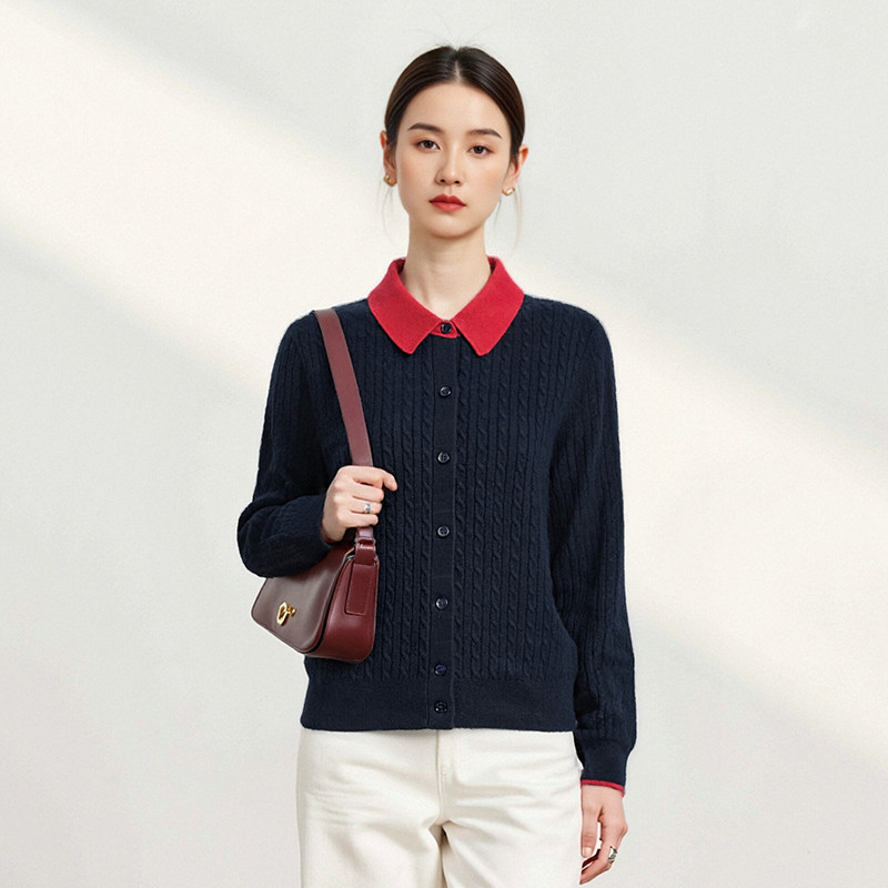 女士撞色翻领羊毛针织开衫  人四  1N6328