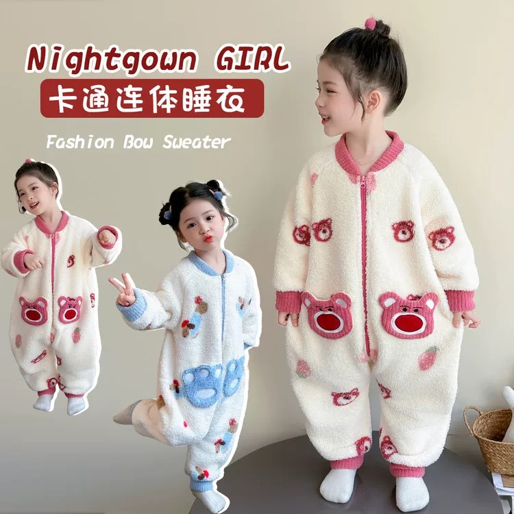 儿童连体睡衣秋冬款加绒加厚男女童睡袋米粒绒保暖宝宝卡通防踢被
