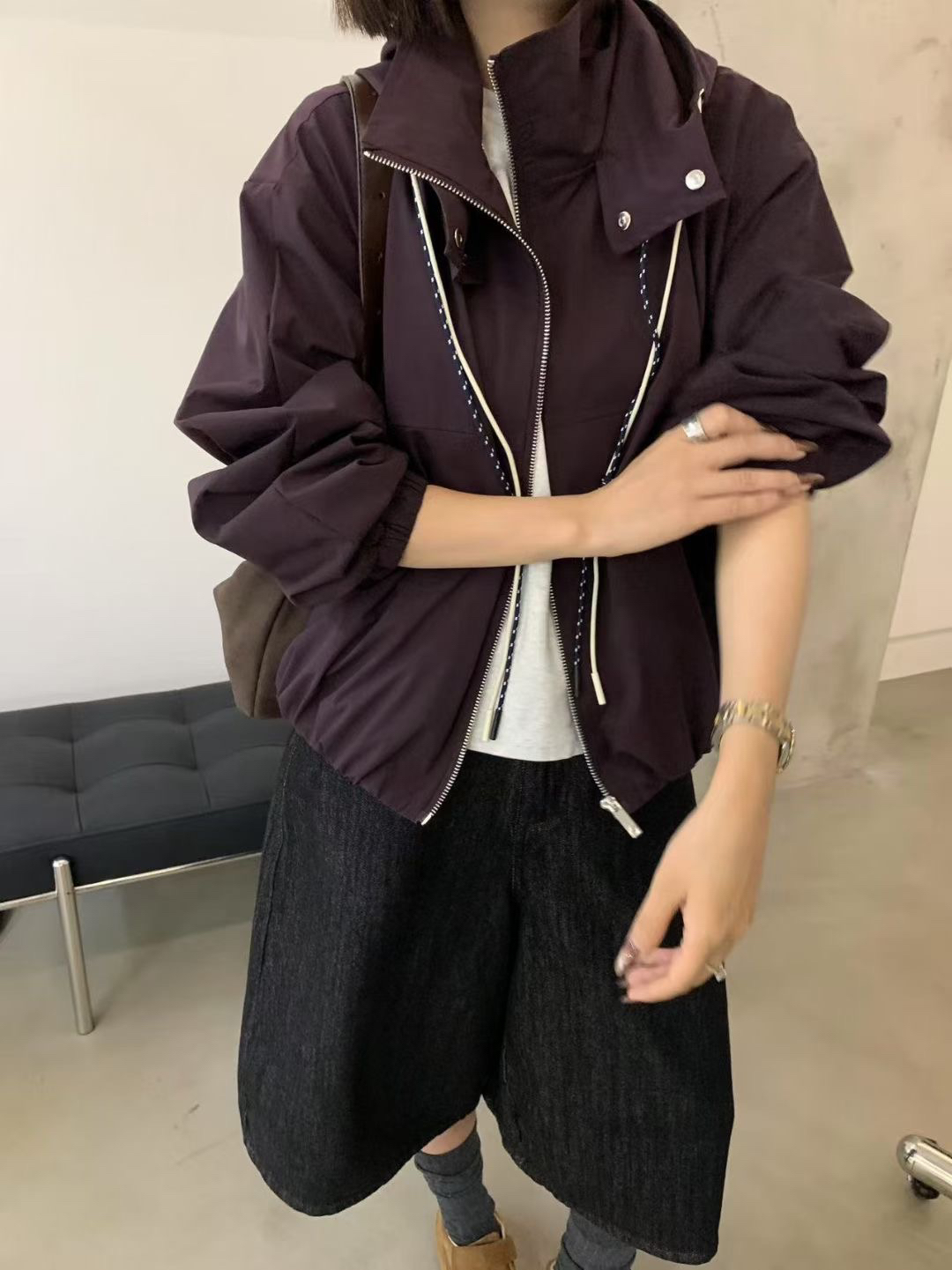 女休闲短外套春季落肩袖不褪色纯色短款直下摆长袖松紧