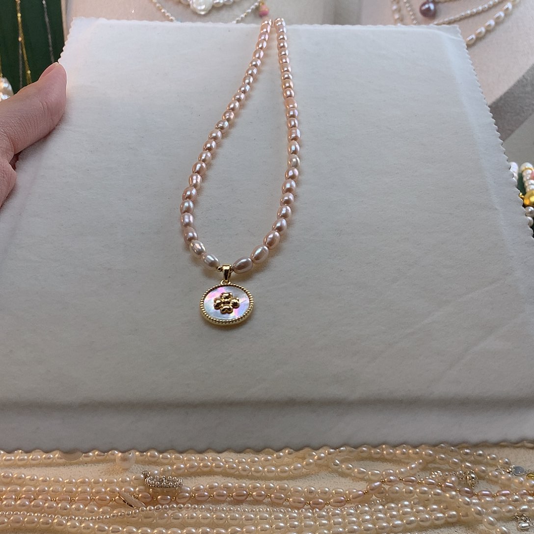 合金淡水珍珠四叶草粉色项链