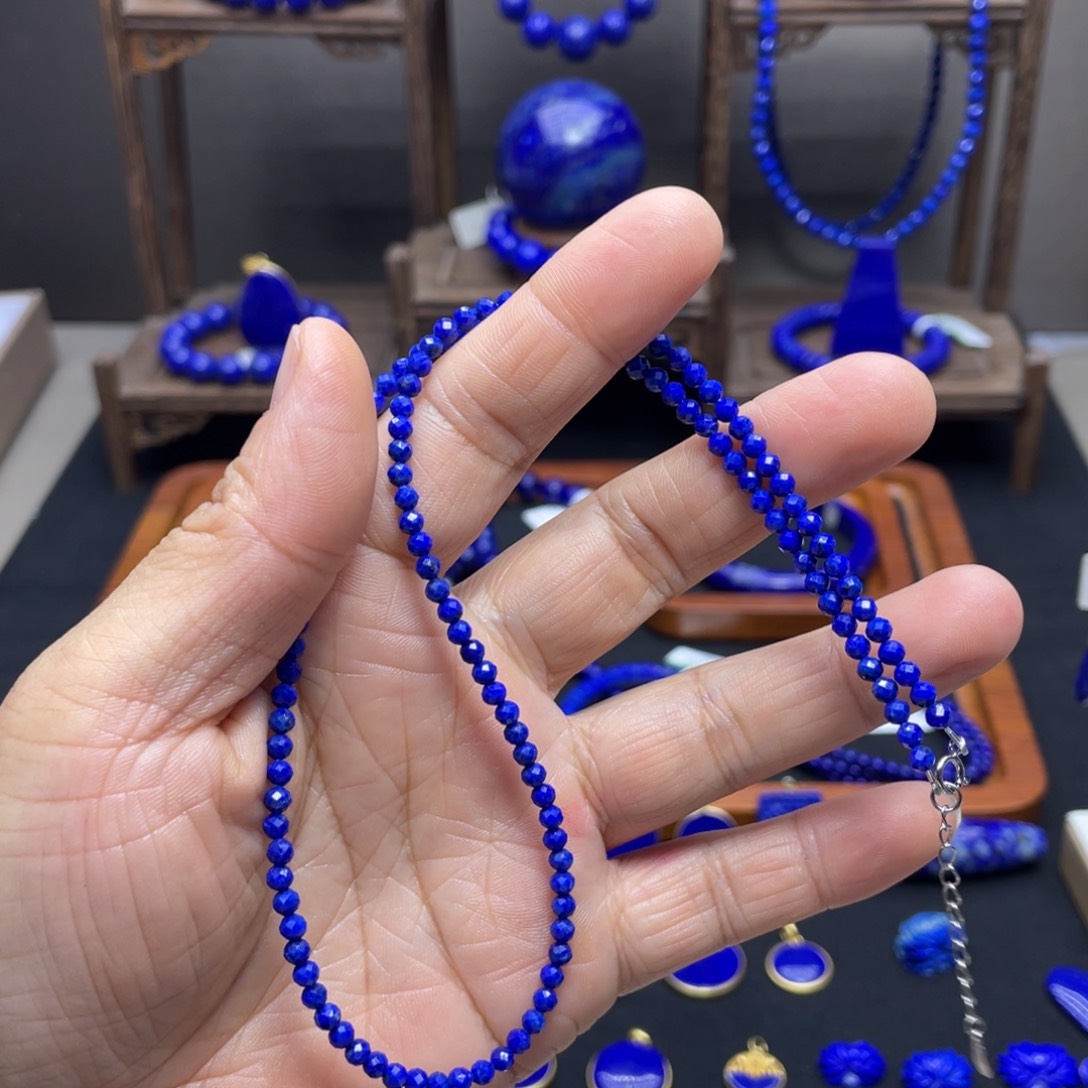 青金石银S925镶嵌项链3mm