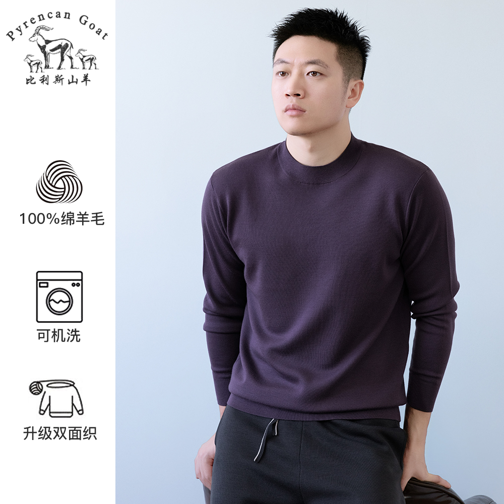 双面织精纺薄款可机洗秋冬季男士纯羊毛衫针织毛衣纯色圆领打底衫