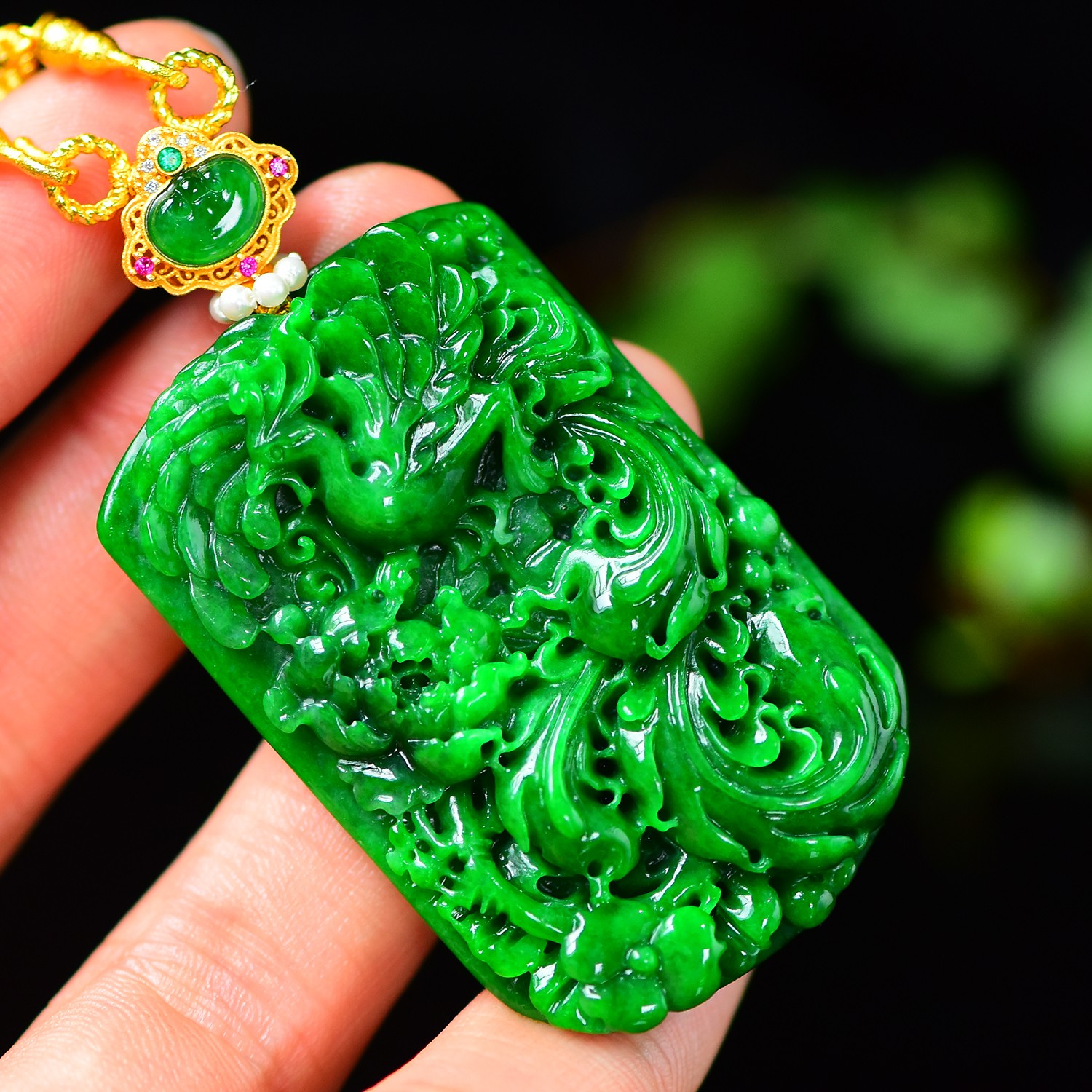 天然A货翡翠花青料满辣阳绿凤穿牡丹吊坠毛衣链