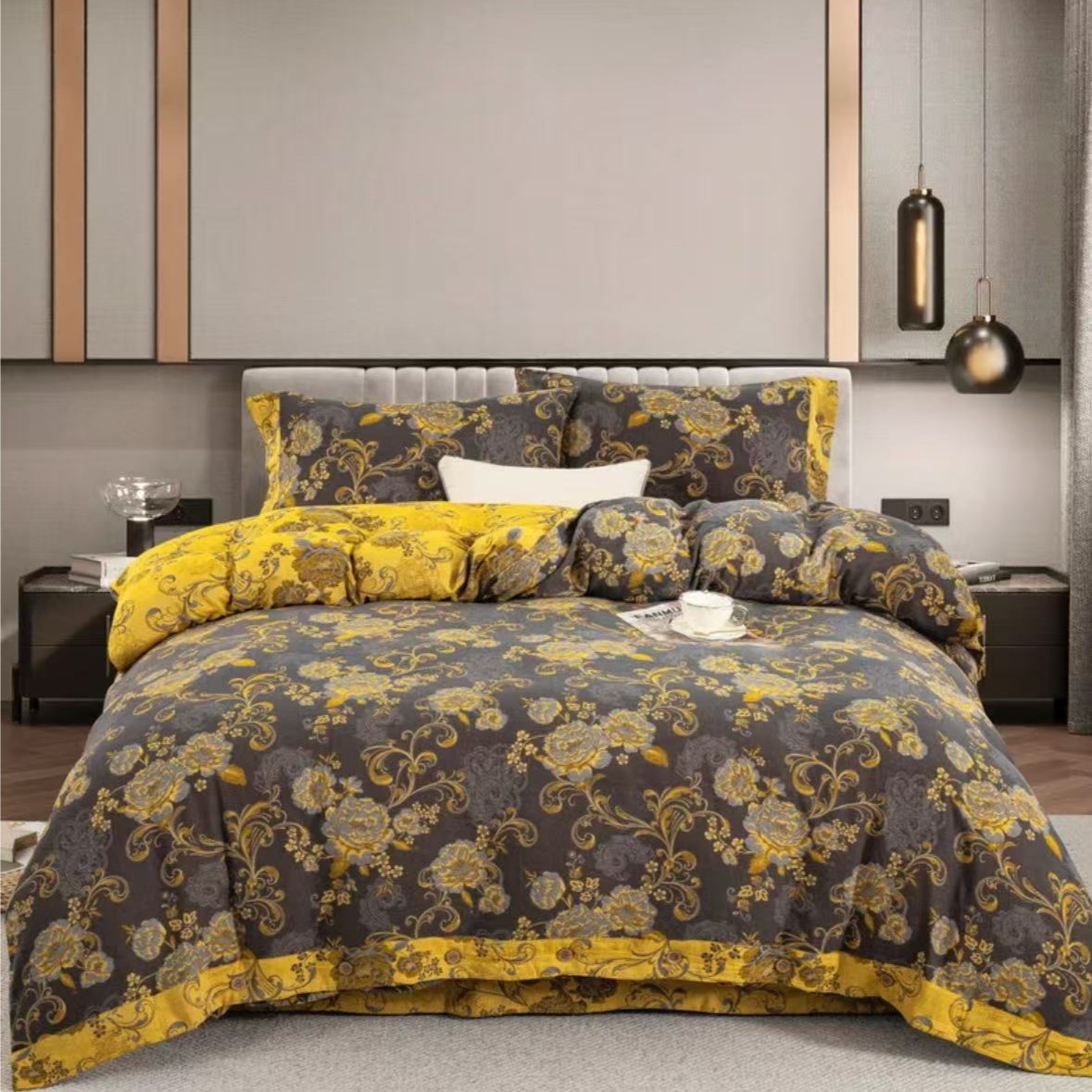 轻奢复古双层纱四件套--锦绣未央（纽扣）多功能双面加厚印花夹棉