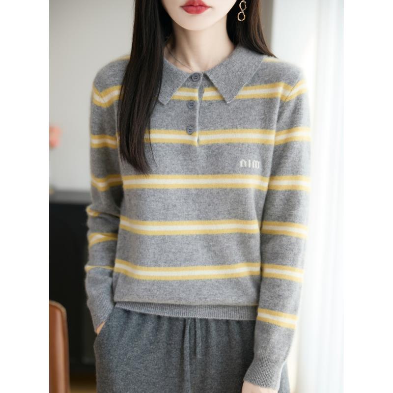 100%羊毛字母翻领POLO领条纹长袖D2505