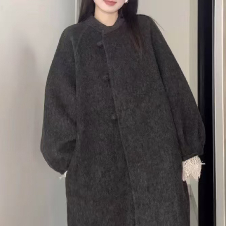 韩系秋冬灯笼袖双面复古大衣新中式立领中长款百搭气质宽松外套