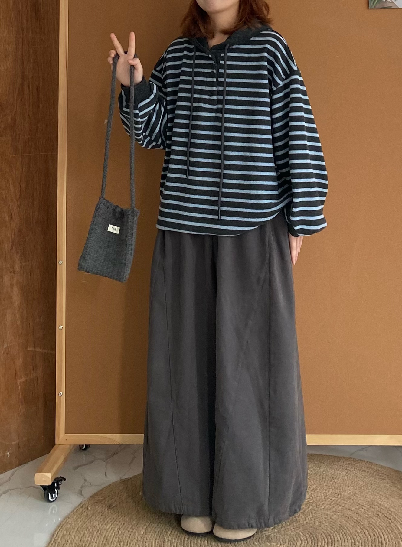 日系复古撞色条纹加绒连帽卫衣（下摆带抽绳）