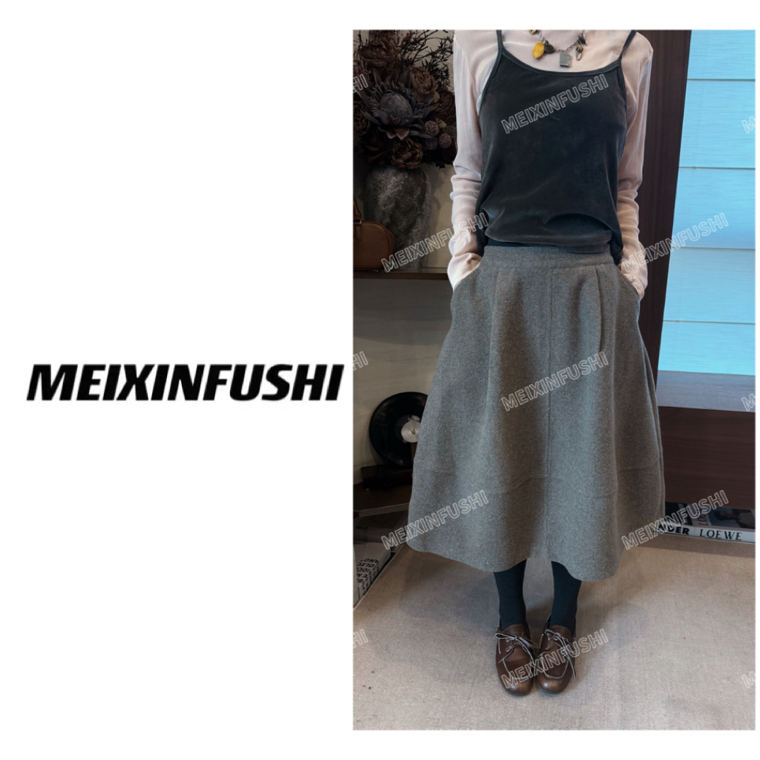 【Mei Xin】欧货净版羊毛呢中线半身裙/9178/D