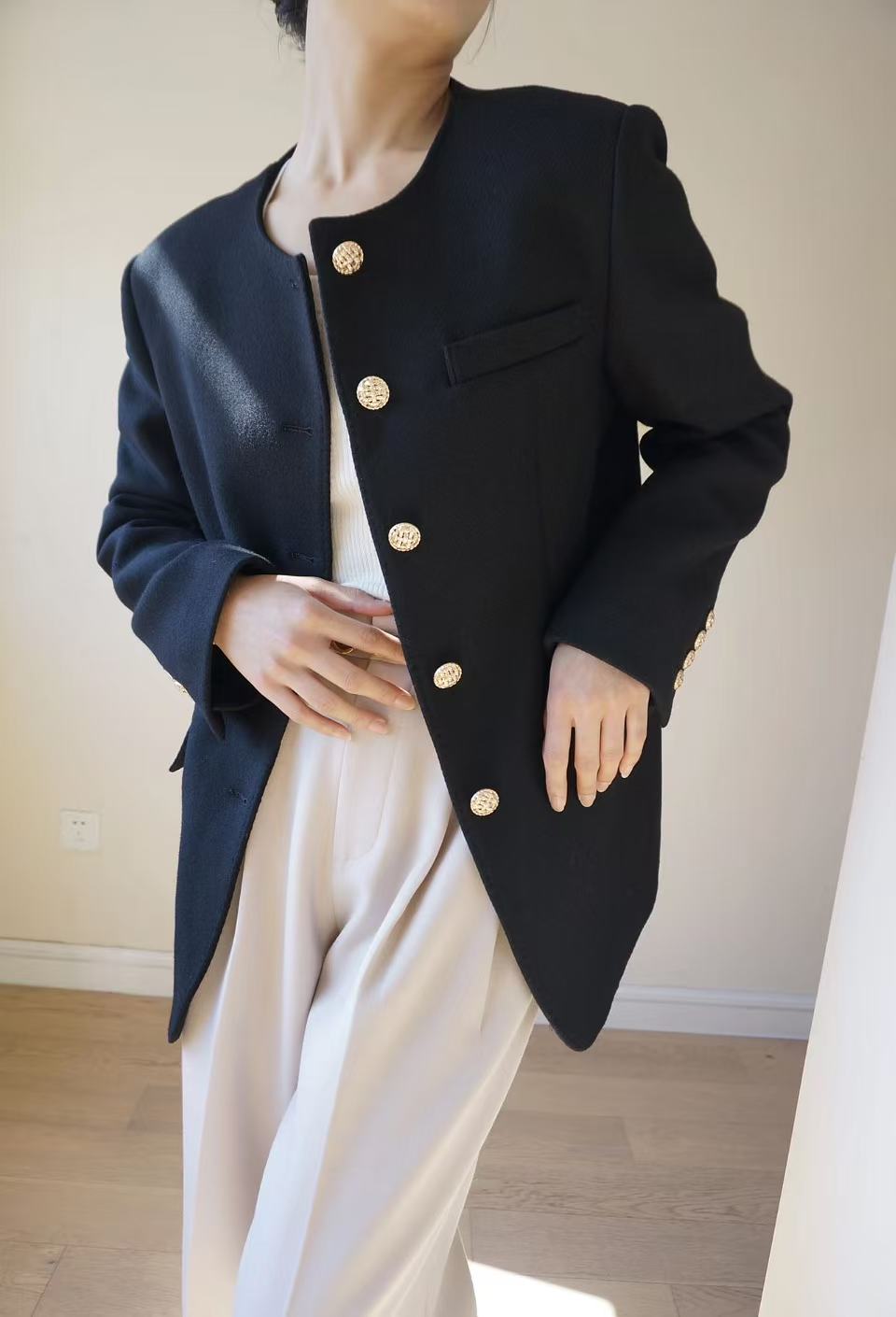 原创西装外套女小香风冬季新款气质时尚修身短款90绒羊毛大衣3207