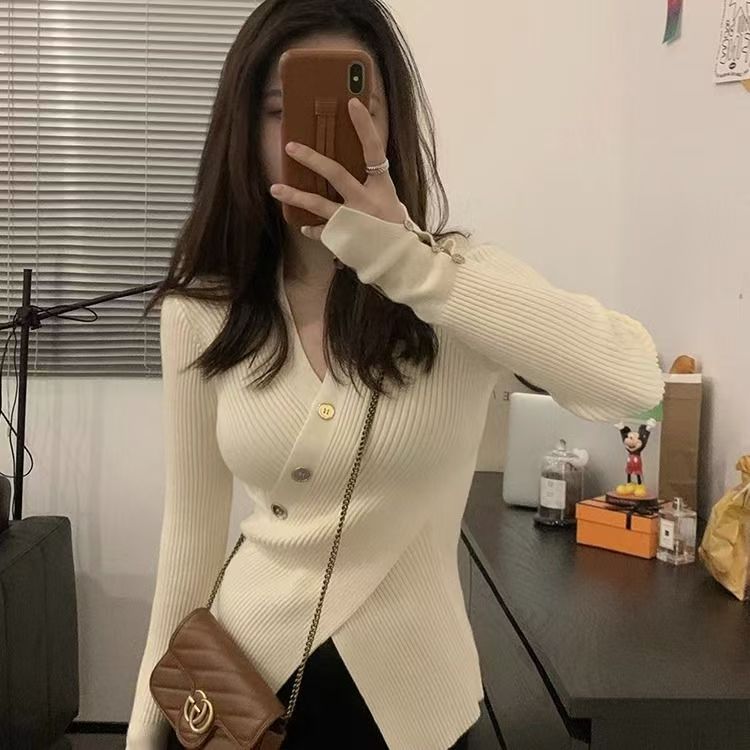 2101-2180-开衫款女纯色春秋毛边袖毛针织衫开衫打底显瘦秋季