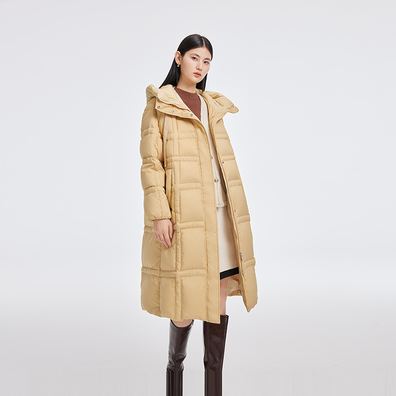 艾莱依羽绒服女款长款连帽纯色极简风保暖中长款防风户外外套1132
